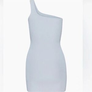 NWT Aritzia Babaton Sculpt Knit One-Shoulder Light Blue Ribbed Mini Dress
